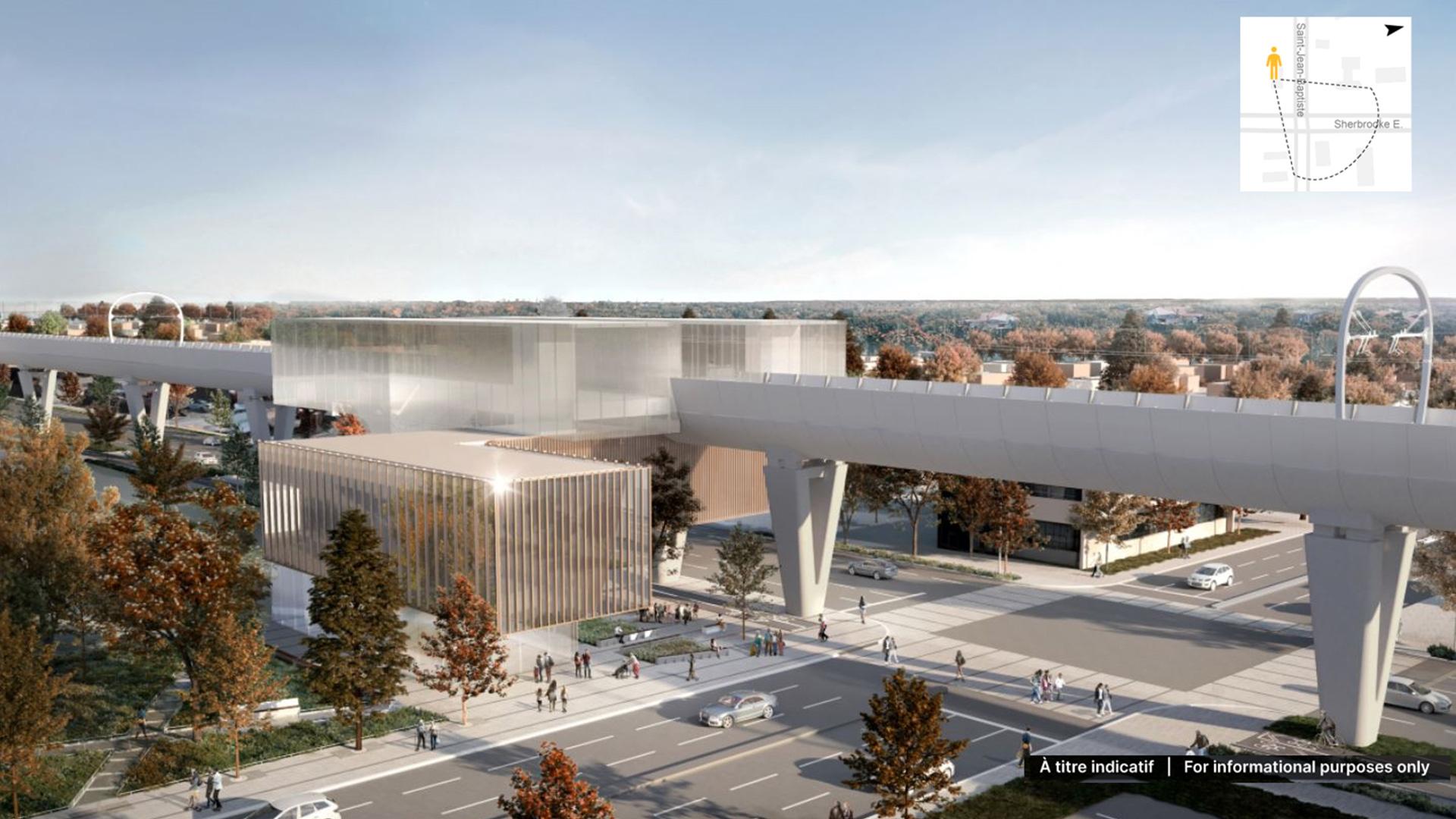 Preliminary rendering of Saint-Jean-Baptiste station of the REM de l'Est Preliminary rendering of Saint-Jean-Baptiste station of the REM de l'Est